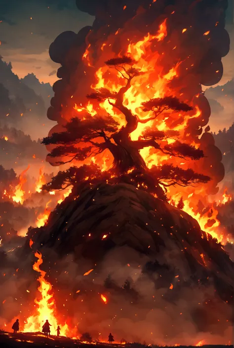 A tree with fire and many around it burning 