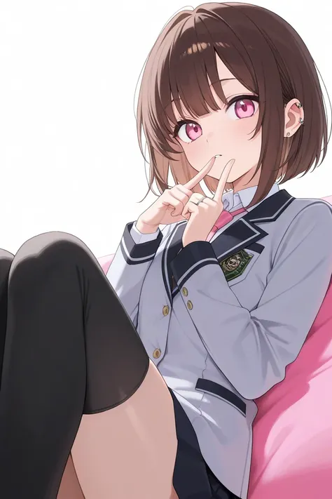 Uncut Bob, Brown Hair, Blazer, Uniform, Black Knee-High Socks, Ring on Right Ring Finger, Pink Eyes
