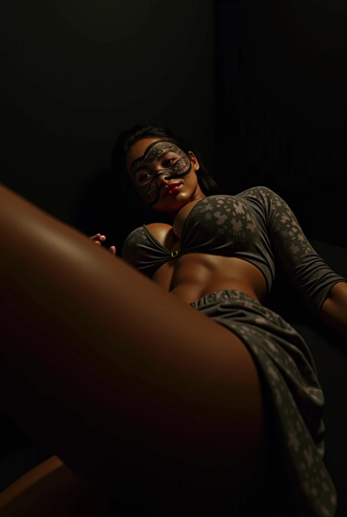 Full-lenght body portrait of a sensual muscular Malay woman wears simple Masquerade mask, showing off her panties, open legs, angle from below, (drooping eyes, round face), realistic skin, various-pattern-shirt and skirt and panties and crop top. Dress acc...