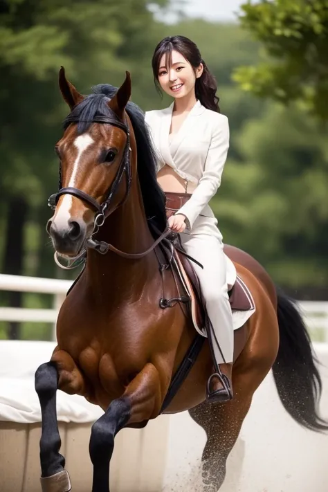 Glamorous Japanese woman riding a horse after taking a bath while flapping her chest on the bed。