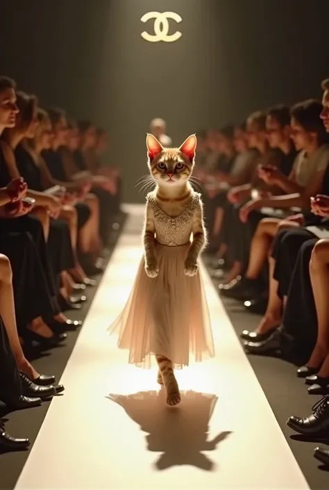 Video. Chanel fashion show. An elegant, graceful cat walks along the catwalk on its hind legs, wearing a chic evening dress in the Chanel style. Satisfied spectators sit on both sides of the podium. Among the spectators are Jennifer Lopez, Madonna, Victory...