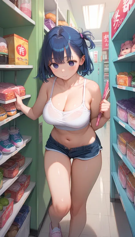  Cute Japanese high school girl photo, Empty eyes running ,  in the waiting room,  Big Anime Eyes , ,  shiny hair, Bare Skin, belly button, between legs,  Taking a break in front of a convenience store ,  big breasts