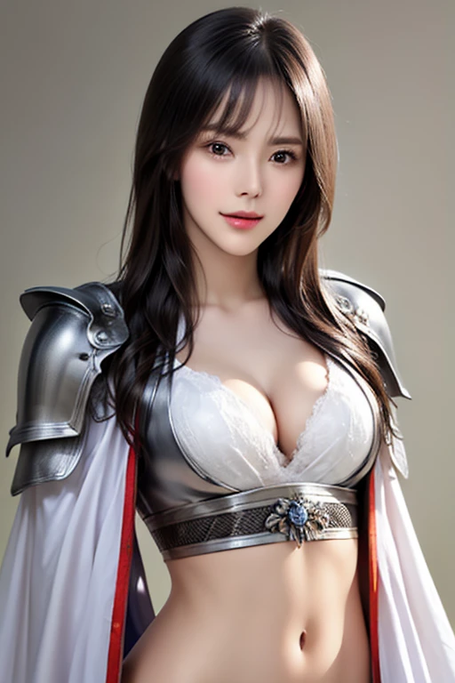 ((The upper body of a female warrior wearing silver and white light steel armor and a cloak:1.5)),1 person,  black hair,  belly shortcut   ,Big breasts and cleavage,  high-definition face and skin texture  ,  staring at the camera,   Chinese Warrior:1.2,  ...