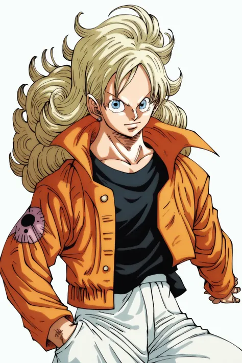 Score _9, Score _8_climb, Score _7_climb, akiratoriyama, Formal Arts, 1 girl,  alone, Long hair, Blonde hair, Big hair,  blue eyes ,  smilelooking at the viewer ,  Jackets,  hand in pocket,  The White Pants  ,  stance,  Cowboys Shooting ,  white background...