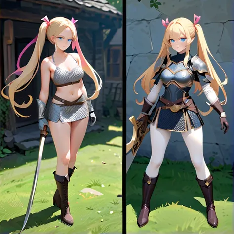 Masterpiece, hd, high resolution, high quality, best quality, super detailed. solo character alone, multiple views. fantasy art.
{{(A 29-years-old norse-youngwoman:(appearance: blonde-golden-hair-tied-in-two-high-long-blonde-golden-twintails with pink-ribb...