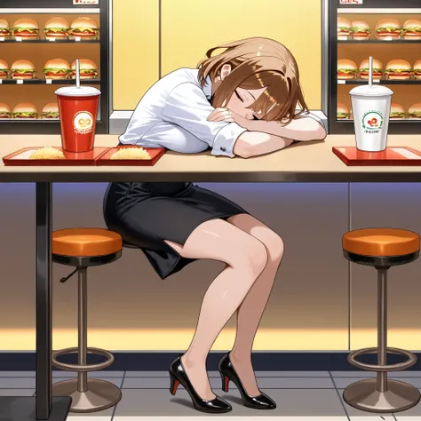 Ryza, working at a fast food restaurant, dark hair, depressed looking, short black skirt, pumps, masterpiece, best quality, high resolution