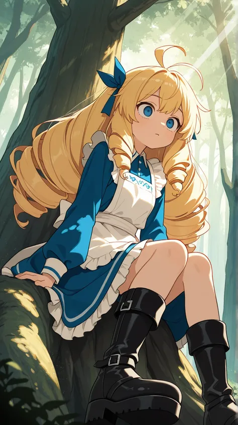 ( score_9, score_8_up, score_7_up ), ultra-detailed, detailed face, 

Solo, a girl, blonde, long hair, drill hair, ahoge, blue eyes, slant eyes, narrow eyes, Big hair ribbon, wearing blue dress with white apron, Black platform boots, 

sitting, over massiv...