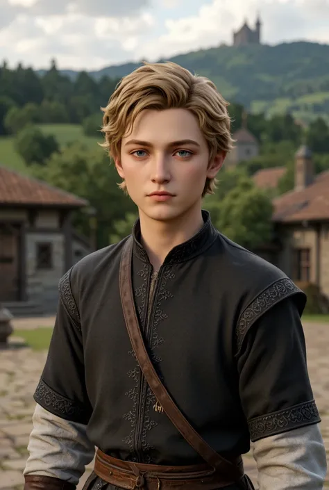 A 15-year-old boy with violet eyes, light brown hair, a smooth face, wearing a medieval European style of clothing.