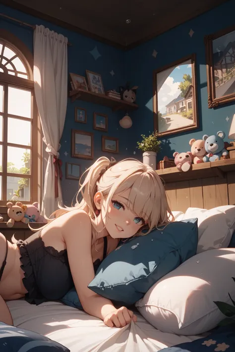  Create the scene of a well-organized bedroom at night  ,   with walls and decor in shades of black  ,  closed window ,  washed by raindrops ,  and cozy bed ,  covered with black sheets and pillows with some stuffed toys,  anime bedroom , Girl in panties