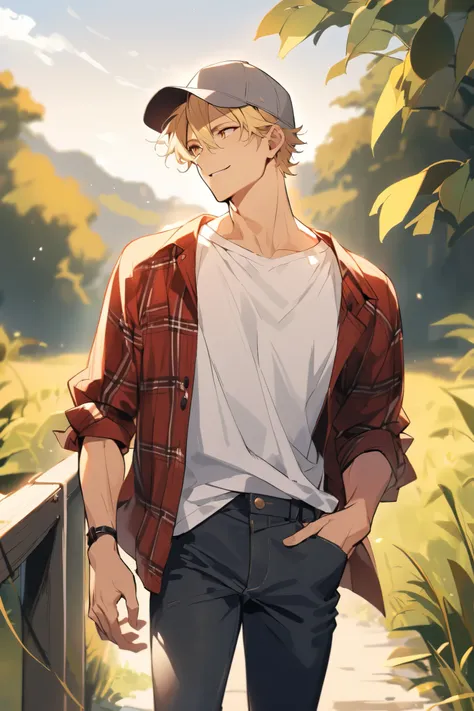 1 beautiful solo male, 30 years old, short messy ruffled blonde hair, golden eyes, wears dark jeans, look away, nature background, wears grey baseball cap, red plaid shirt, white undershirt, kind smile, soft eyes