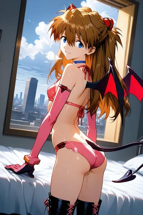 asuka_langley,1 female,solo,looking at the scenery,smile,
I_,wet brown hair,viewer,blue eyes,long hair,hair between the eyes,beautiful eyes,more detailed hair,

pink lace up boots,thigh-high boots,Bat wings from the back,demon girl（1.3）,pink leather bikini...