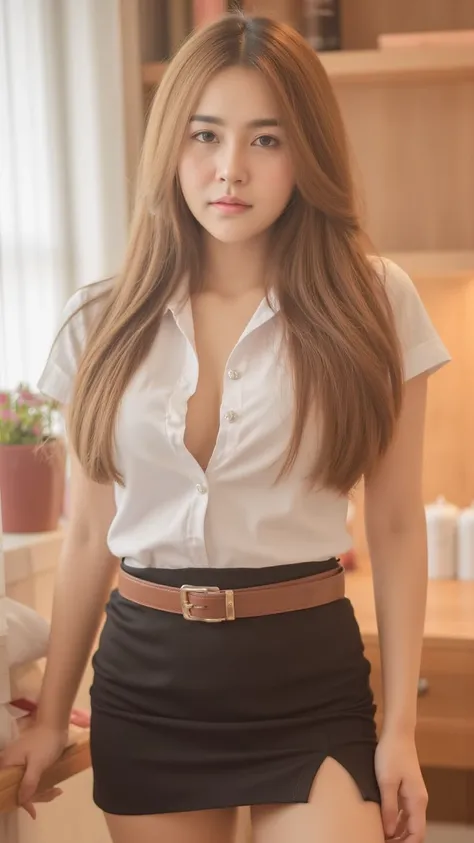 beautiful thai woman, 20 years old, long blonde hair and light skin, hand unbutton her short sleeve white shirt, brown belt, short pencil black skirt, sexy thighs, girl bedroom, full body