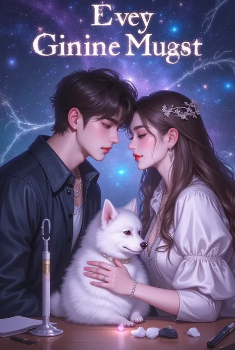 "Create a book cover that captures a romantic comedy with a touch of mystical and cosmic energy. The cover should feature two main characters: a handsome idol male with a stylish and confident appearance, and a thoughtful female writer holding a pen or sit...