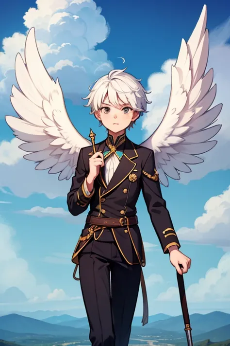 This is a boy with wings and white hair walking around in the sky wearing a proper outfit. Great job 