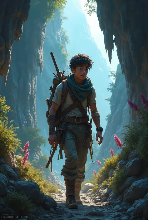 a young man adventurer exploring a mysterious cave, detailed facial features, high quality intricate details, photorealistic, digital painting, dramatic lighting, cinematic composition, rich color palette, fantasy landscape, epic journey