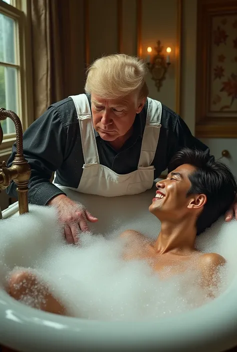 A defeated president Donald Trump in a ragged maid's outfit, scrubbinging handsome arrogantly smiling Shohei Ohtani back in a bubble bath, highly detailed, photorealistic, masterpiece, 8k, ultra-detailed, hyper realistic, dramatic lighting, cinematic, conc...