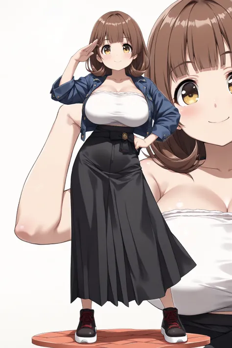 masterpiece, high resolution, ((((1girl)))), wheatish skin, ((brown hair)), ((medium hair)), ((curl inside hair)), (gold eyes), (beautiful eyes), (droopy eyes, tareme), blunt bangs, ((happy smile)), (look at viewer), ((short stature)), (huge breasts), ((da...