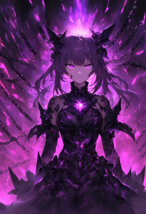 
"A fierce anime-style girl with glowing purple eyes, surrounded by dark chains and an intense, fiery purple aura. Her dark outfit is battle-damaged and emits a neon-like glow. The background is chaotic, featuring shattered lights and abstract shapes in sh...