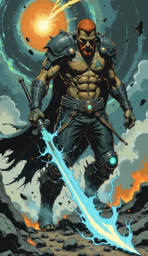 "A powerful Polish warrior, 45 years old, with short, fiery red hair and a golden-streaked beard, stands mid-leap, his colossal plasma blade slicing through the air as it emits a brilliant blue trail of energy. His massive arms and pecs, adorned with glowi...