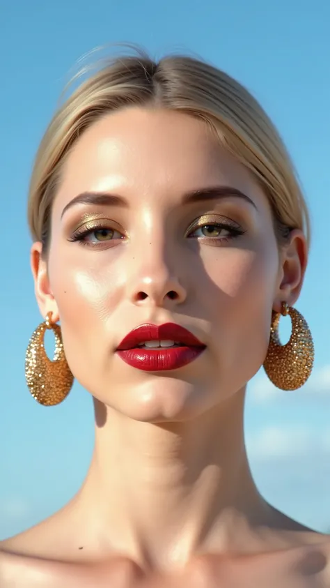 A hyper-detailed, avant-garde 3/4 shot photograph featuring a striking woman with pale light skin against a clear, light blue sky. Her nude high-angle mid shot highlights the smooth texture of her flawless complexion. Shimmering metallic eyeshadow enhances...
