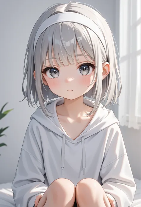 (masterpiece), best quality, expressive eyes, perfect face,8k,nsfw,cute,(loli:1),(15years old:1.4),cool, gray hair,white eyes,white headband,white oversized hoodie parke,Black miniskirt,Barbie,reserved,expressionless,(girl having sex:1.6),