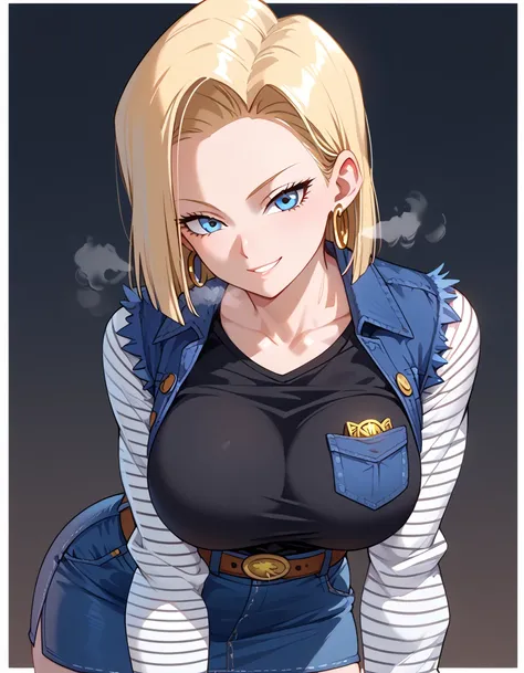  android 18,  blonde hair,   blue eyes,  eyelash ,  Hoop Earrings ,  shorthair,  earrings
belt , BLACK LEGWEAR, black  shirt, breast pocket,  Clevis,  clavicle , denim, denim skirt, high-waist  skirt, gem,  Long Sleeve , pocket,  shirt,  shirt tucked in,  ...