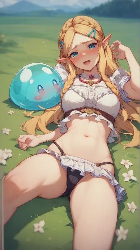 Zelda、、Girl、Expose、Frills、Slime、Blushing、With your belly button out、field、Jump
