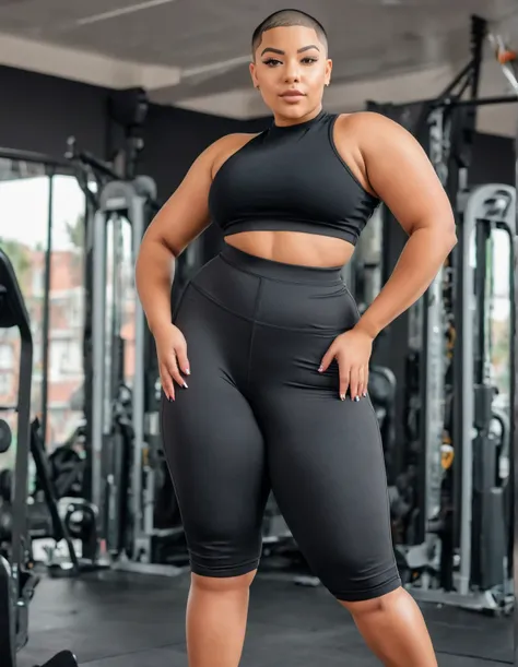 Mixed black ethnicity, curvy girl , wearing short leggings and top on gym , buzz cut hair, small waist and big hips , big ass