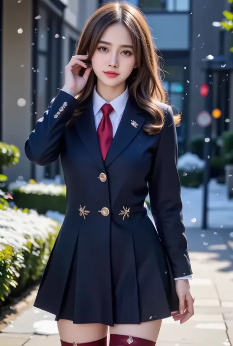 In this 8k RAW masterpiece, a young woman stands amidst a serene snowfall, surrounded by delicate snowflakes and misty atmosphere. Her dark blazer with silver buttons complements the flowing pleated skirt, while a bold crimson tie and tights add a striking...