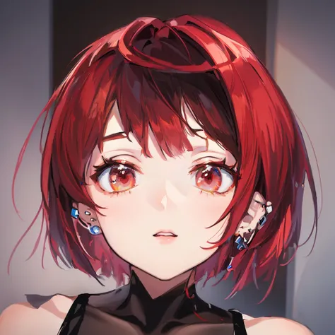 ( BEST QUALITY, masterpiece,  high quality , delicate description, Elaborate painting).  shiny hair .  red hair. Unmaintained bob cut hairstyle, Tuck one side of your hair behind your ear, Lots of ear piercings,  proud expression ,  black tank top ,  proud...