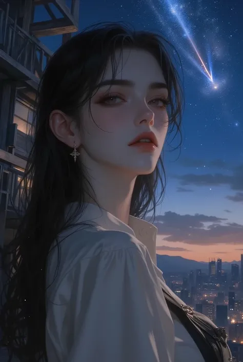    meteor in the sky    , ((    Masterpiece:1.4)、(    excellent size   :1.4)、(   surreal portrait of a beautiful girl   :1.5)เหนือจริง portrait of a girl สวยงาม 、very beautiful、(( girl :1.4))、Shine light, natural skin texture、19 years old、(Two arms:1.4、Two...