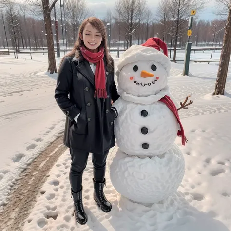 a woman in a coat and pants standing in the snow, long hair, smile, brown hair, full body, closed eyes, boots, outdoors, day, bag, scarf, black footwear, tree, facing viewer, red scarf, handbag, hands in pockets, winter, snowman