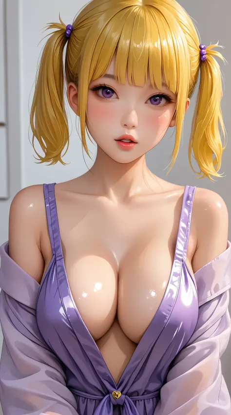 portrait, young asian girl, short bob hairstyle, heavy blushing, parted lips, off the shoulder, plunging neckline, Vitreous luster,((clean backdrop))，(((yellows)))，((purples)), Best quality at best，shiny skin, looking at viewer, big breasts, cleavage, yell...