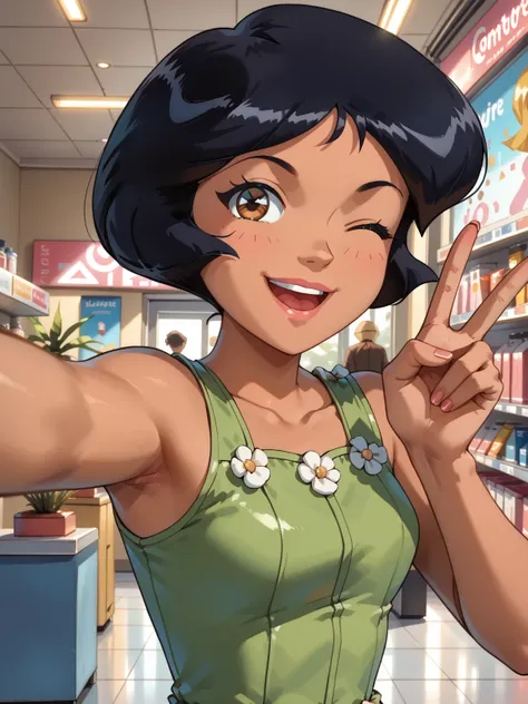 High Resolution, Masterpiece, Best Quality, Super Detailed 
Beautiful portrait of Alex from: Totally Spies tv show, 1 girl, close up, gorgous, cute, full body,gorgeous body, big brown eyes, short shiny black hair, green top, tan shorts, breasts, selfie pos...