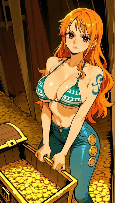 extremely beautiful nami (one piece), subtle makeup, gold hour, high contrast, long orange hair, bikini top only, blue pants, big breasts, detailed onep piece pirate ship, treasure chest, gold coins,