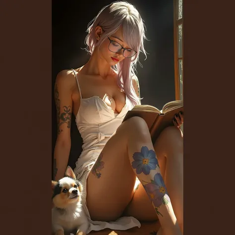 an illustration of a young woman with light purple hair, wearing glasses and a white dress. She has tattoos on her legs and arms and is sitting and reading a book. A small dog is sitting next to her. The style is anime-influenced digital art, with soft lig...