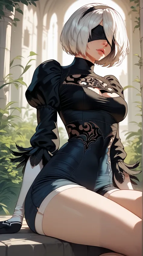 YoRHa No style.2 Type B,  perfect eyes,  perfectly sexy face, ultra detailed,  ultra perfect eyes ,  big beautiful woman , sitting, dark blue shorts, Body,  looking at the spectator,