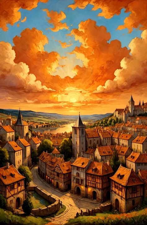 masterpiece,best composition,impressionistic painting,cinema style,summer landscape,medieval european cityscape,sunset between buildings,orange clouds,fantastic and breathtaking,restful and beautiful view.