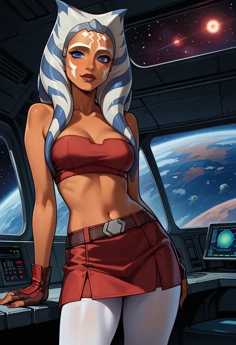 score_9, score_8_up, score_7_up, (cartoon style:1.2), Cartoon image of a beautiful woman, beautiful waifu, (Ahsoka Tano, orange skin:1.2), (maroon tube top, maroon tight skirt:1.3), (closed boots, fingerless gloves:1.2), belt, (white leggings:1.1), flirt, ...