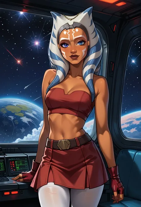 score_9, score_8_up, score_7_up, (cartoon style:1.2), Cartoon image of a beautiful woman, beautiful waifu, (Ahsoka Tano, orange skin:1.2), (maroon tube top, maroon tight skirt:1.3), (closed boots, fingerless gloves:1.2), belt, (white leggings:1.1), flirt, ...