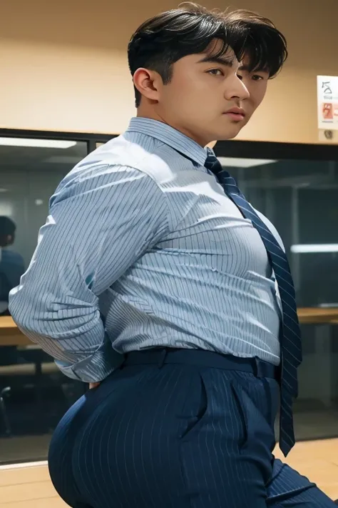 40-year-old boy ,Korean bulky male officer ,Wear navy blue police uniform shirt................ pinstripe navy blue smooth tight trouser, transparent pants obvious underwear print ,((unrealistic super big tight butt wearing pants)), legs wide open, legs on...