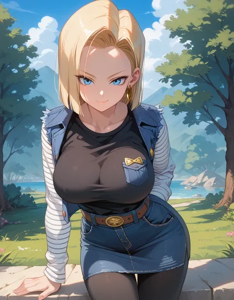  Android 18,  blonde hair,  blue eyes,  eyelash ,  Hoop Earrings ,  shorthair,  earrings
belt , BLACK LEGWEAR, black  shirt, breast pocket,  Clevis,  clavicle , denim, denim skirt, high-waist  skirt, gem,  Long Sleeve , pocket,  shirt,  shirt tucked in,  s...