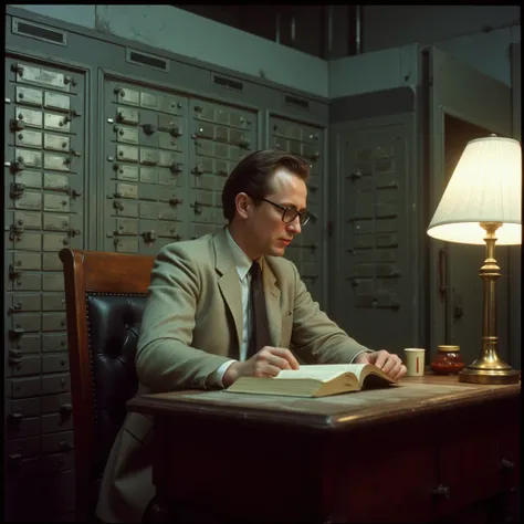 (vitage style. analog style, film photograph, film grain, kodachrome 160, 1960s),a poor intelligent nerdy adult man with glasses sits at a desk and reads a book)) in an underground big bank vault with lots of safety deposit boxes. realistic, intricate deta...