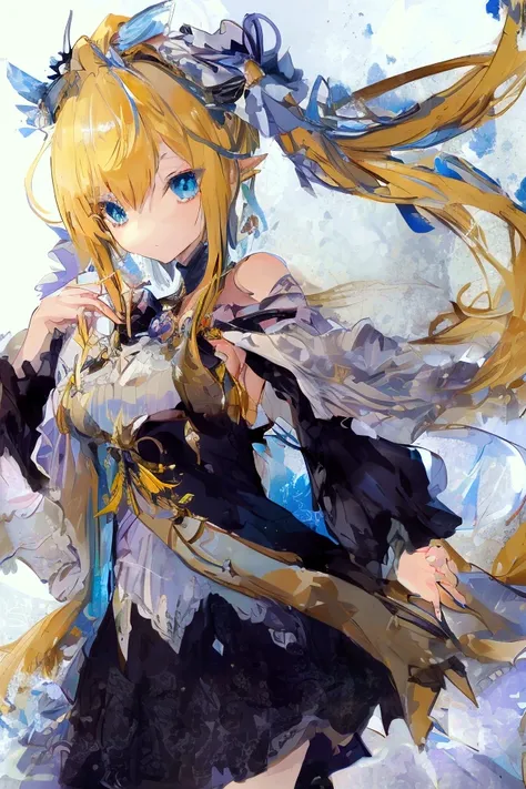 A tall anime girl with a slender body and no chest, featuring stunning, very light shiny blue eyes that sparkle. Her hair is extremely long, flowing, and bright yellow, creating a striking contrast against her delicate features. She has an ethereal, almost...