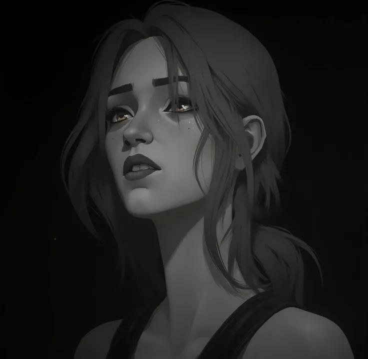 This ARCANE STYLE  ( series arcane )  image features a black and white artistic portrait of a young woman with long hair, smooth and clear ,  that seems to be moved slightly by the wind .  The expression on his face is soft and melancholic , She's crying s...