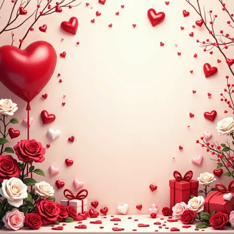 Valentine background with hearts and white and red roses and gifts in the left side and ample space in right. Banner, Header, Panorama, Background with cream color