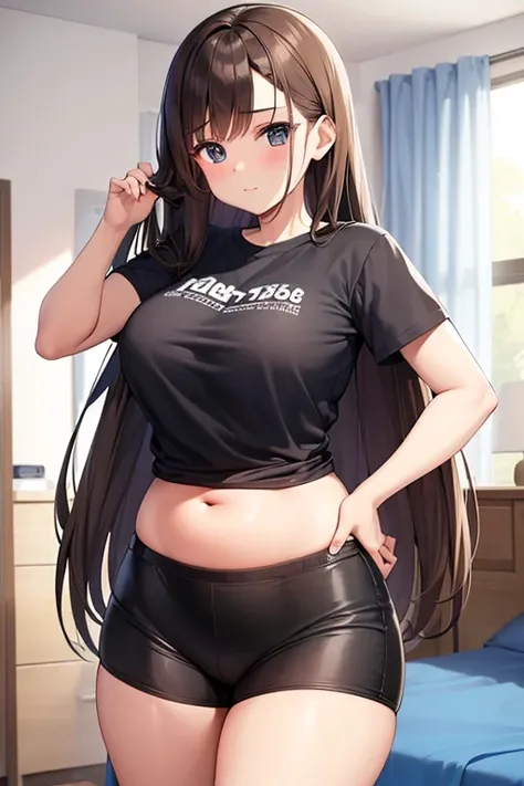 A 18 year old girl, Long Brown Hair, Wearing a Navy T-shirt and black Shorts, in her room, her body is fat, she has a big belly, her leg are FAT, (she 88KG)