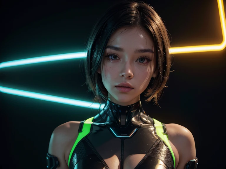  a close up of a woman in a futuristic swimsuit with neon background, cyborg girl, ciborgue - woman,  beautiful cyborg girl , young cyborg lady,  cyber swimsuit ,  neeon cyber swimsuit , cute cyborg girl, cyborg woman, female cyborg, beautiful alluring fem...