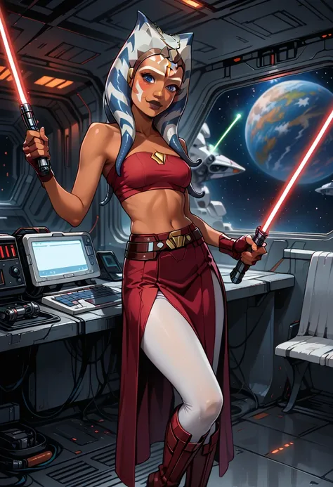 score_9, score_8_up, score_7_up, (cartoon style:1.2), Cartoon image of a beautiful woman, beautiful waifu, (Ahsoka Tano, orange skin:1.2), (maroon tube top, maroon tight skirt:1.3), (closed boots, fingerless gloves:1.2), belt, (white leggings:1.1), flirt, ...