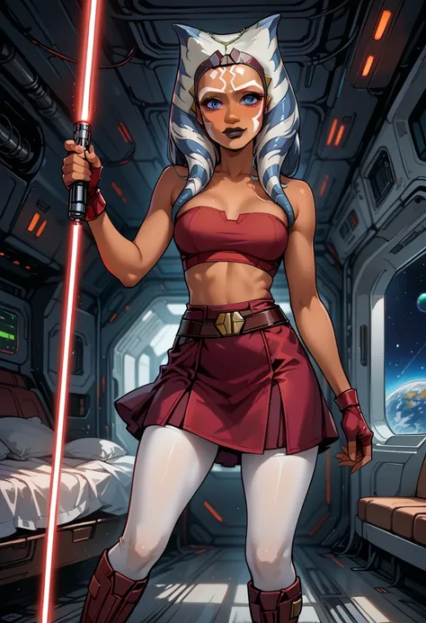 score_9, score_8_up, score_7_up, (cartoon style:1.2), Cartoon image of a beautiful woman, beautiful waifu, (Ahsoka Tano, orange skin:1.2), (maroon tube top, maroon tight skirt:1.3), (closed boots, fingerless gloves:1.2), belt, (white leggings:1.1), flirt, ...